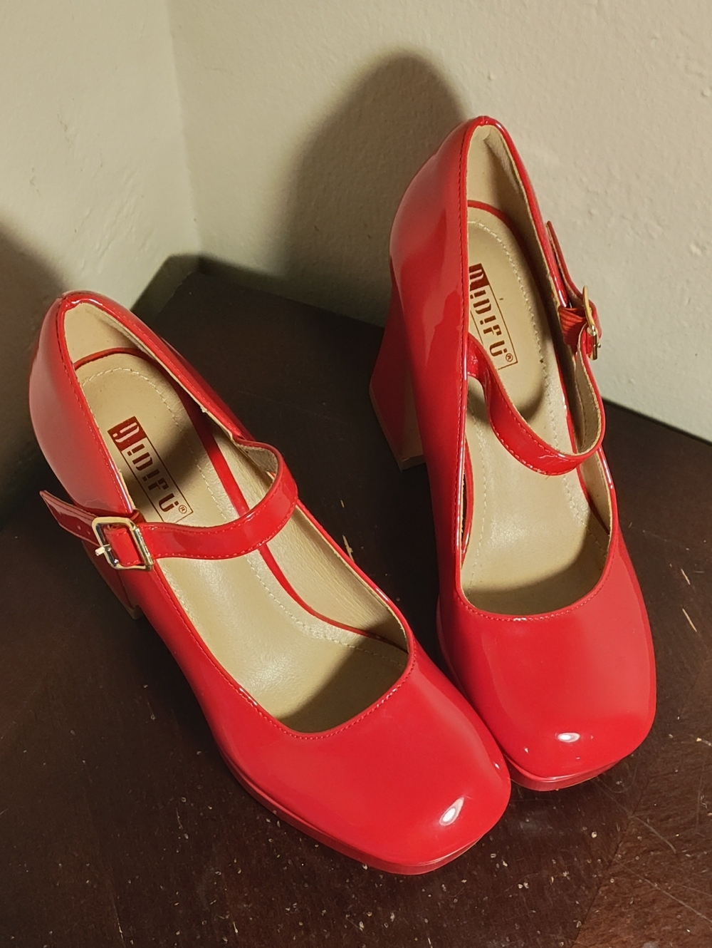 IDIFU Red Patent Mary Jane Block Heels with Buckle